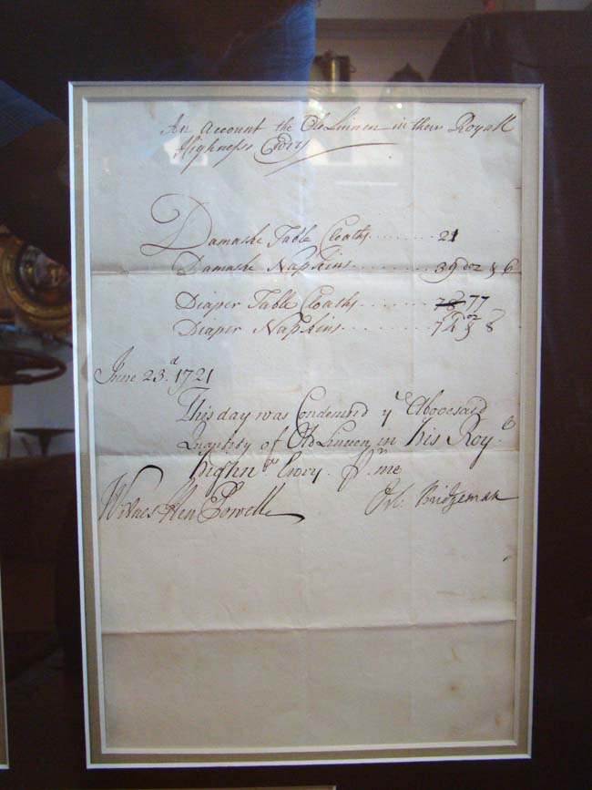 A rare inventory of 'Table Linens' desired by Their Royal Highnesses the Prince and Princess of Wales dated June 23, 1721 — image 3